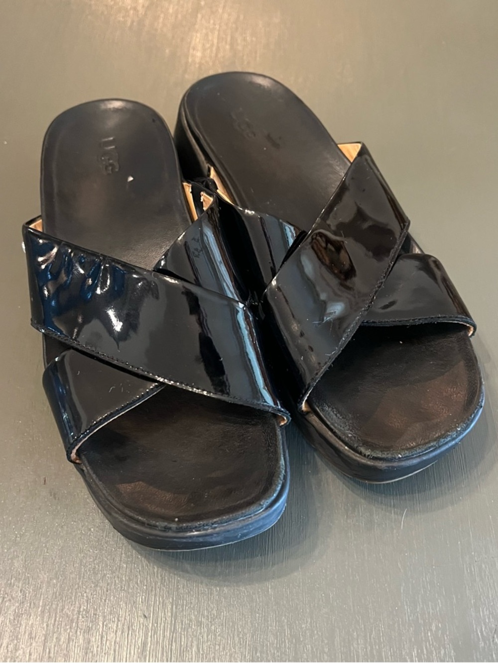 UGG Black Patent Crisscross Slide Clogs